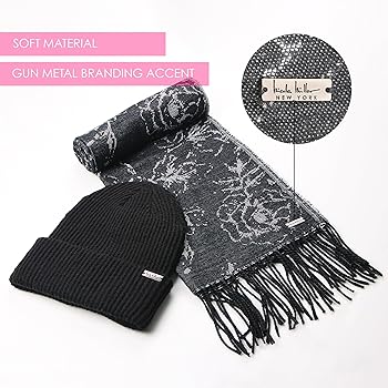 Nicole Miller Women Hanging Scarf and Beanie Hat Set, Black